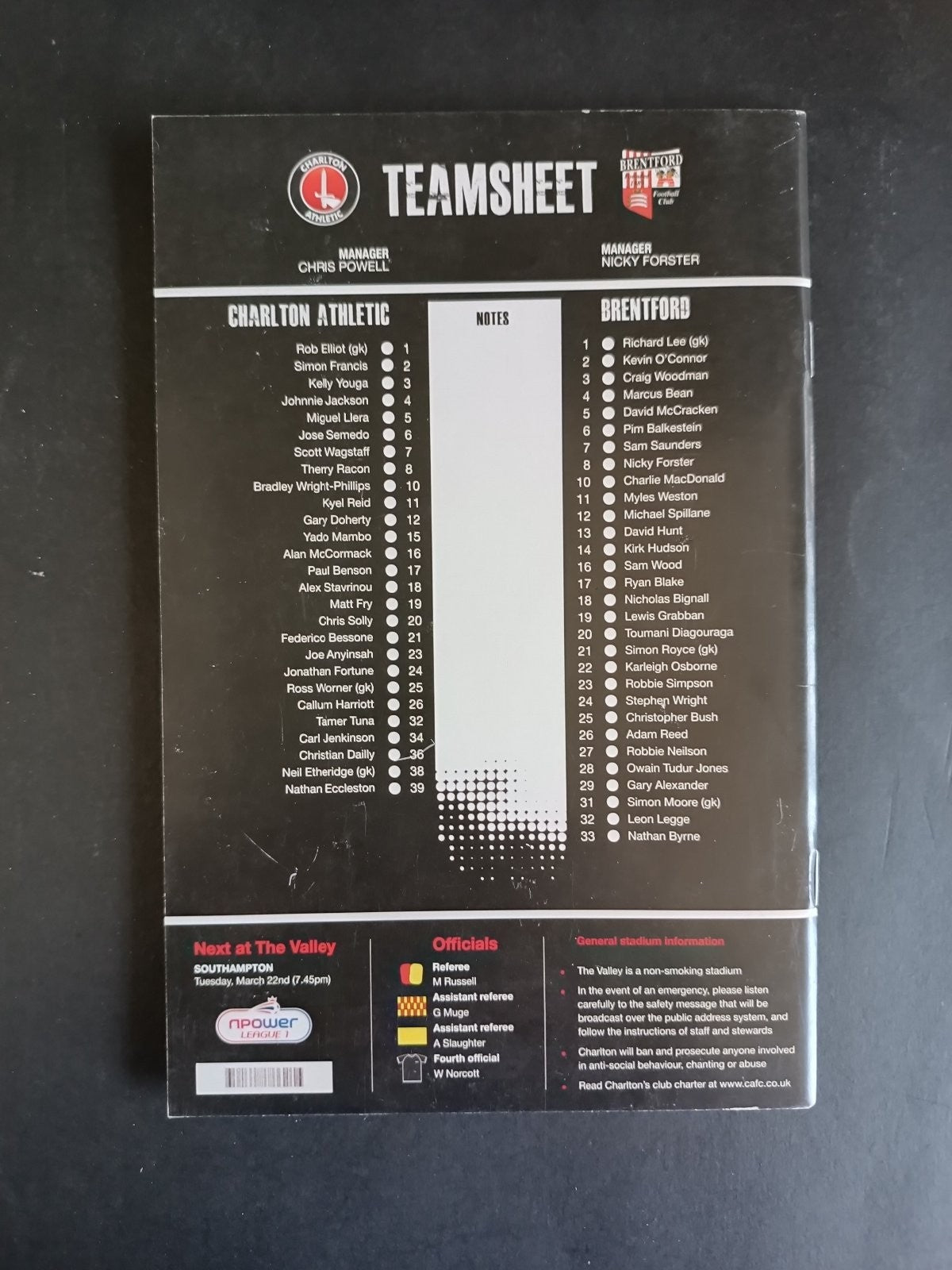 programma calcio Cahrlton Athletic vs Brentford 2011