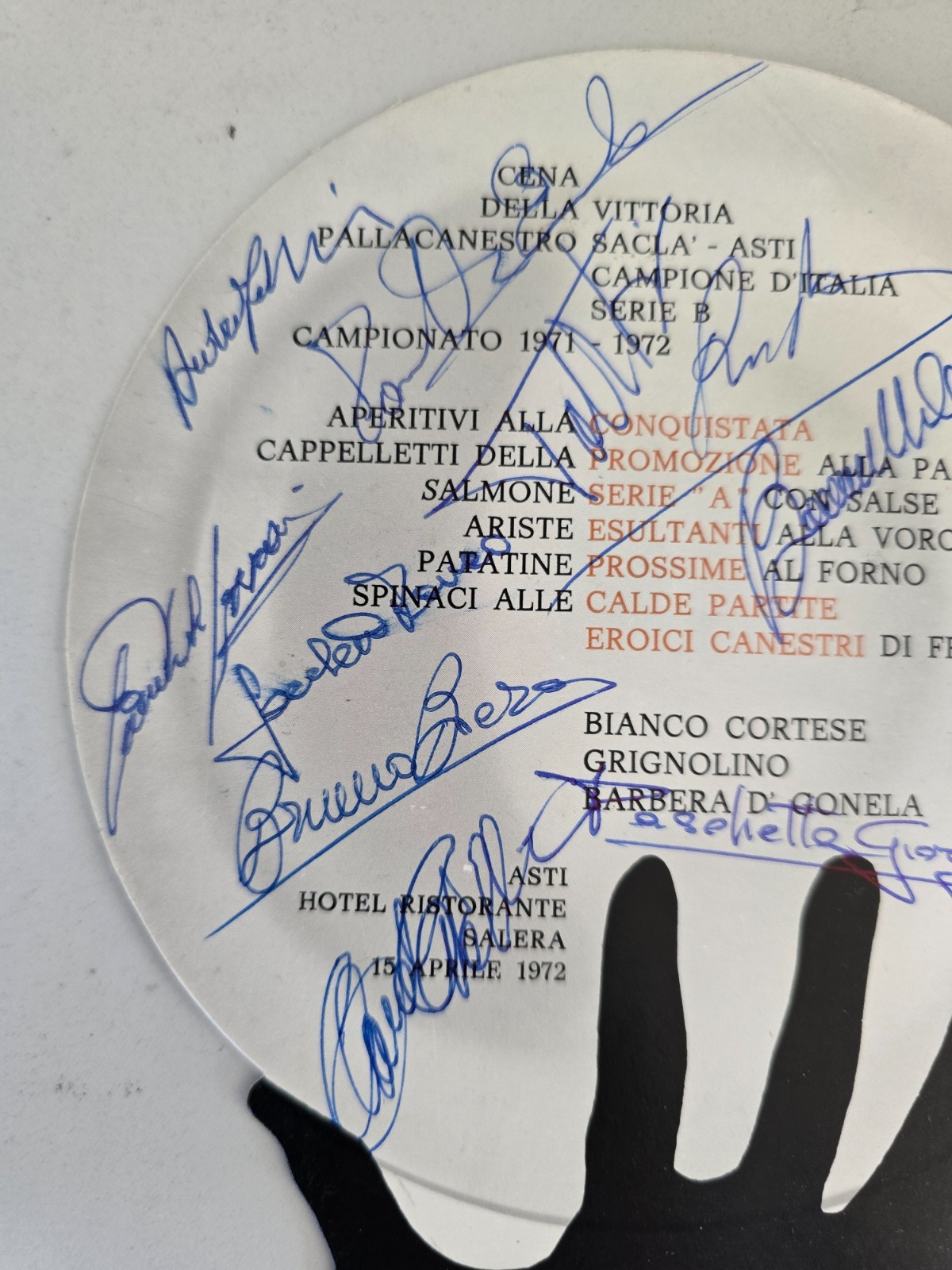 Menu' Cena vittoria Campionato Serie B SACLA' Asti Basket 1971/72 Autografato