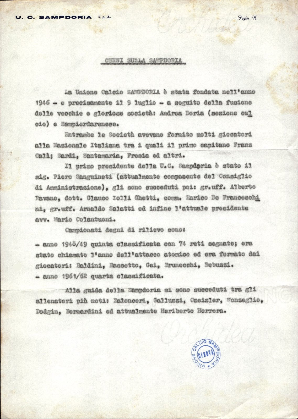 carta intestata societ� sportiva U.C. Sampdoria SPA