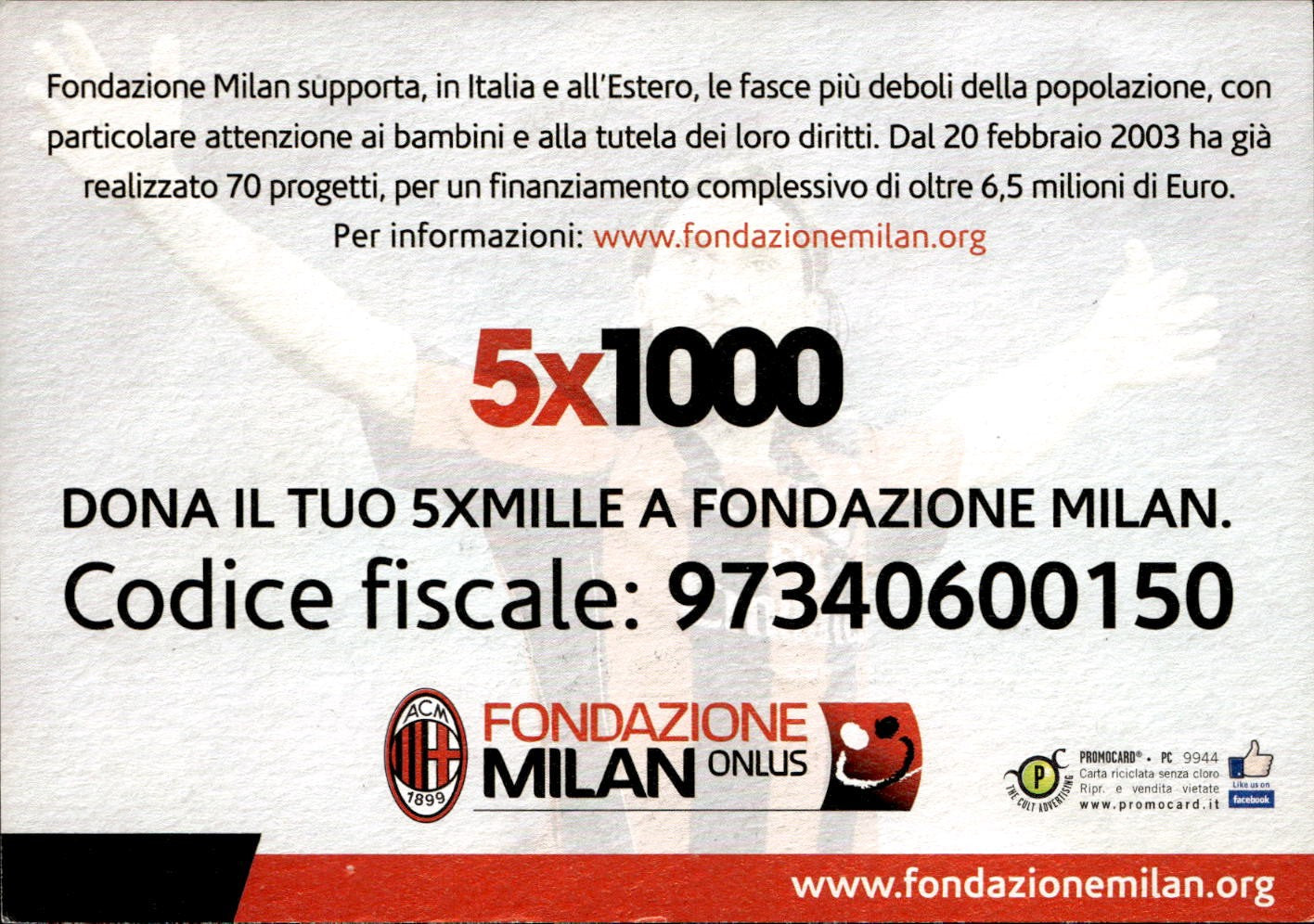 cartolina postcard Calcio Milan con Autografo Fondazione Onlus Ibrahimovic