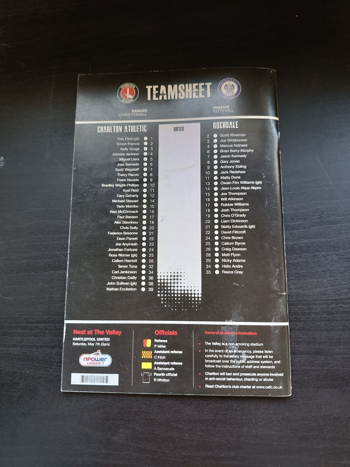 programma calcio Charlton Athetlic V Rochdale 25th 2011