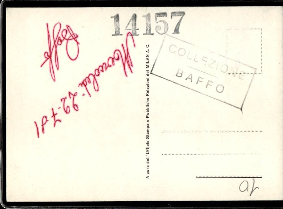 Cartolina Villiam Vecchi Milan con autografo stampato ufficio Stampa Milan