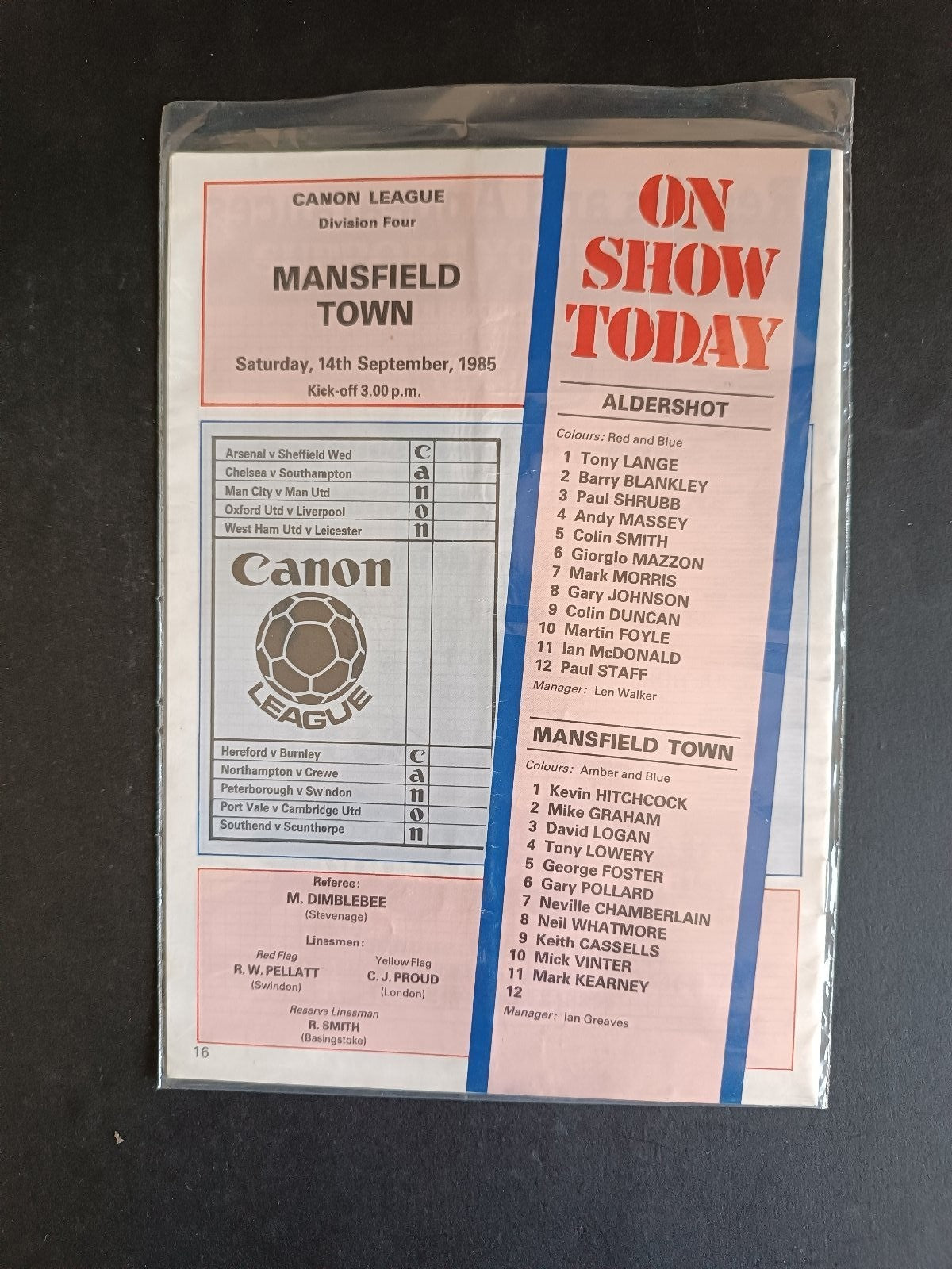 programma calcio Aldershot Fc vs Mansfield Town 1985