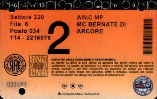 Biglietto stadio Milan A.C 1899-1999 n 000491