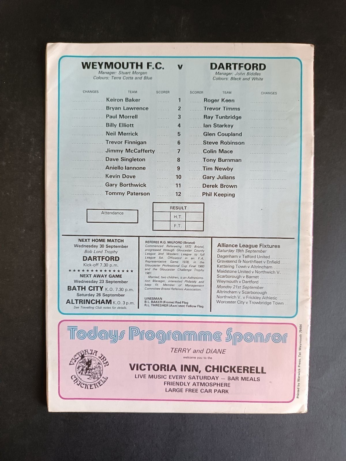programma calcio The Terras vs Dartford 1981