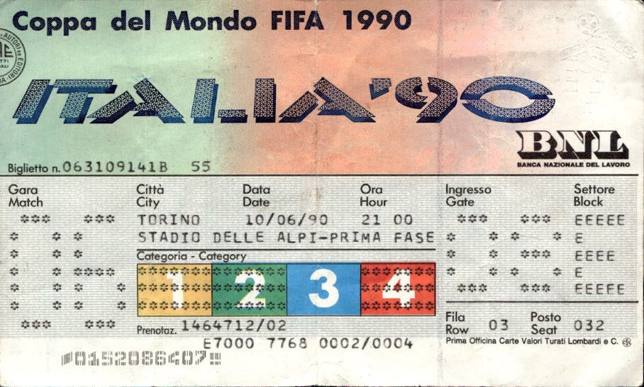 biglietto Ticket Coppa del Mondo Italia '90 Brasile-Svezia Torino 10/06/90(1)