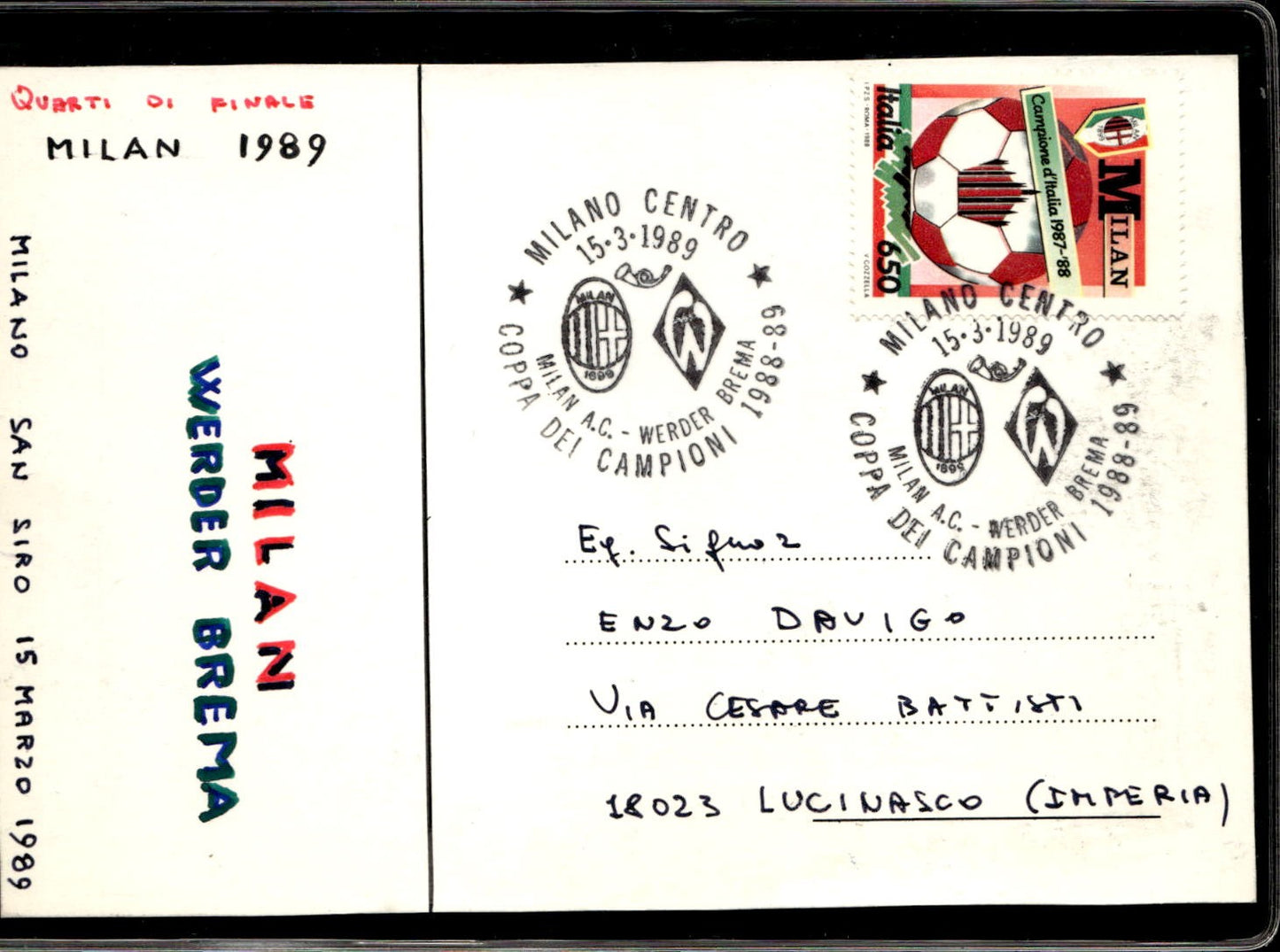 cartolina postcard calcio Squadra Milan 1989
