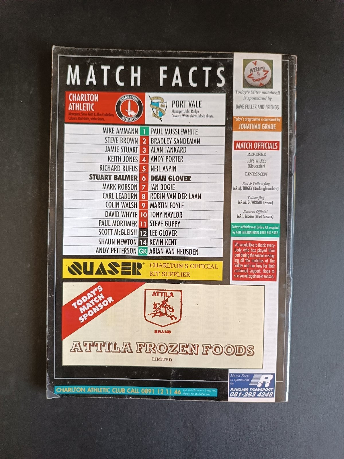 programma calcio Charlton Athletic vs Port Vale 1995