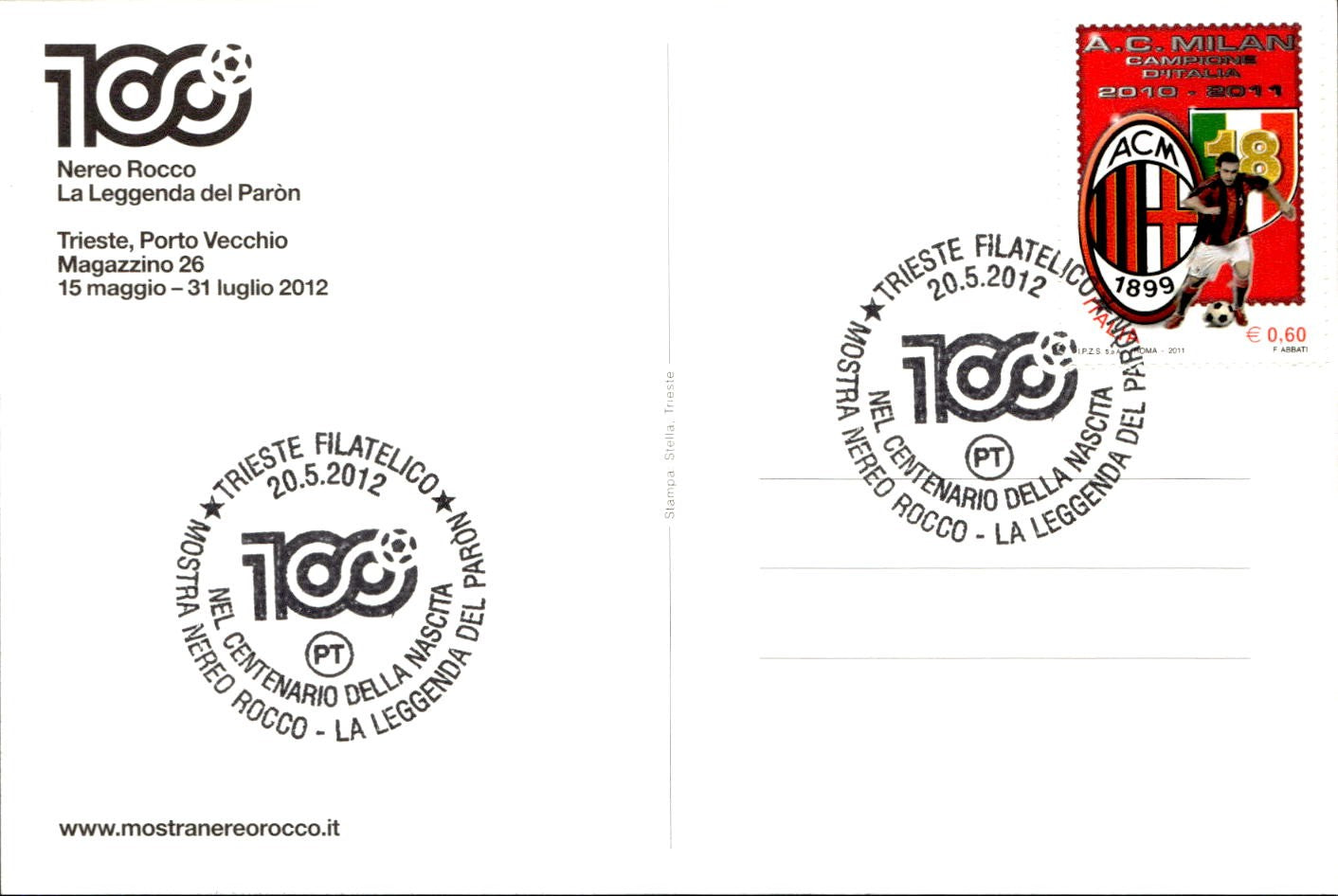 cartolina postcard calcio Milan 100 Nereo Rocco 2012 (4