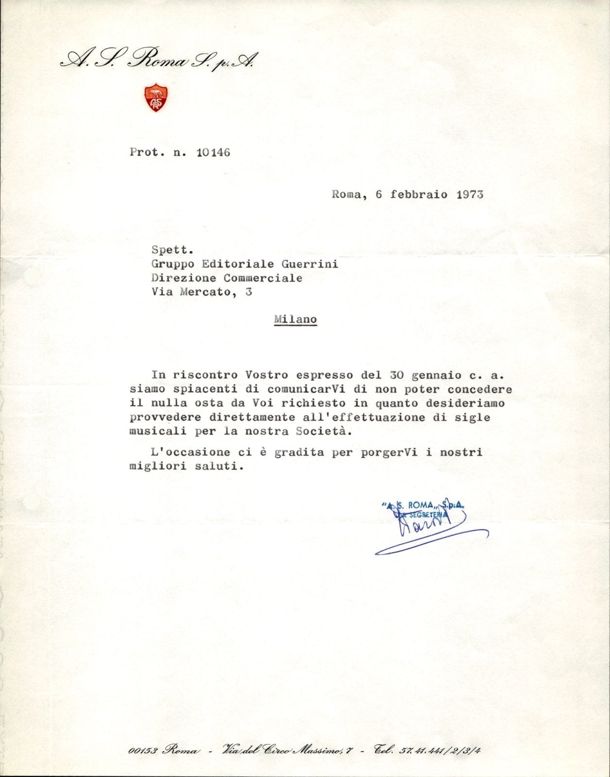 carta intestata societ� sportiva A.S. Roma SpA 1973 03