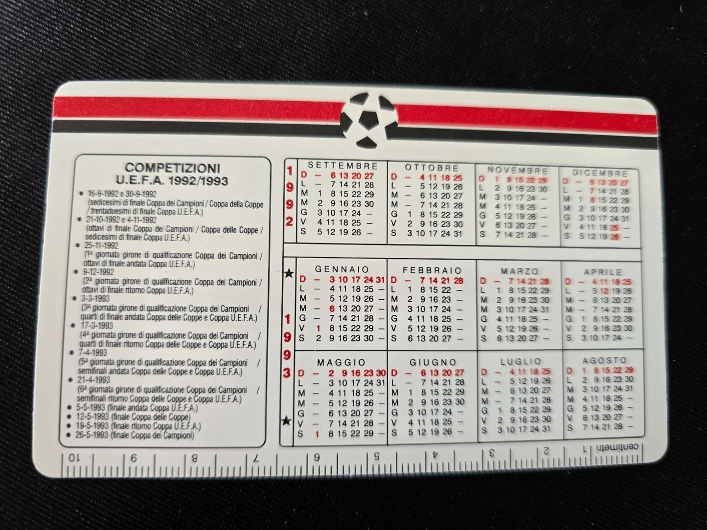 Calendarietto tascabile campionato 1992/93 Il Giorno AC Milan programma Coppe