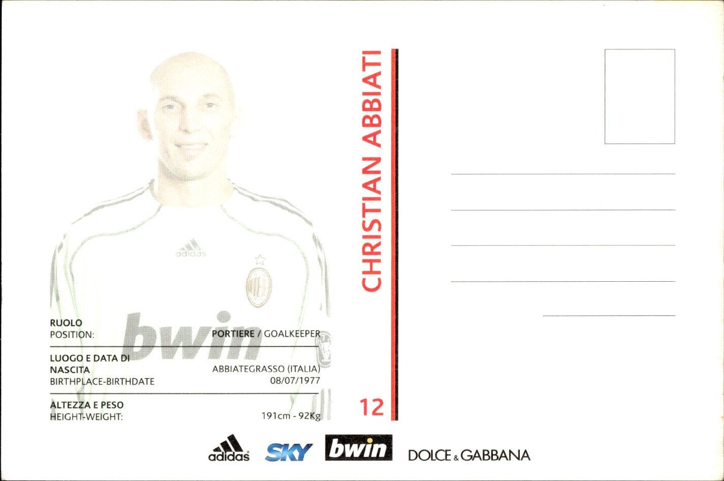 cartolina postcard Calcio 2009-10 Milan Abbiati