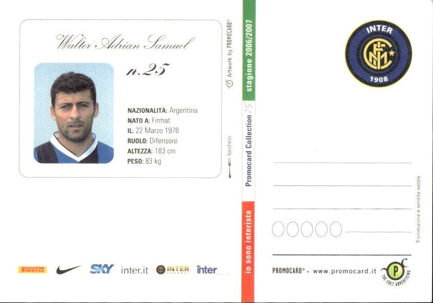 Cartolina calciatore Inter Walter Adri�n Samuel con autografo stampato