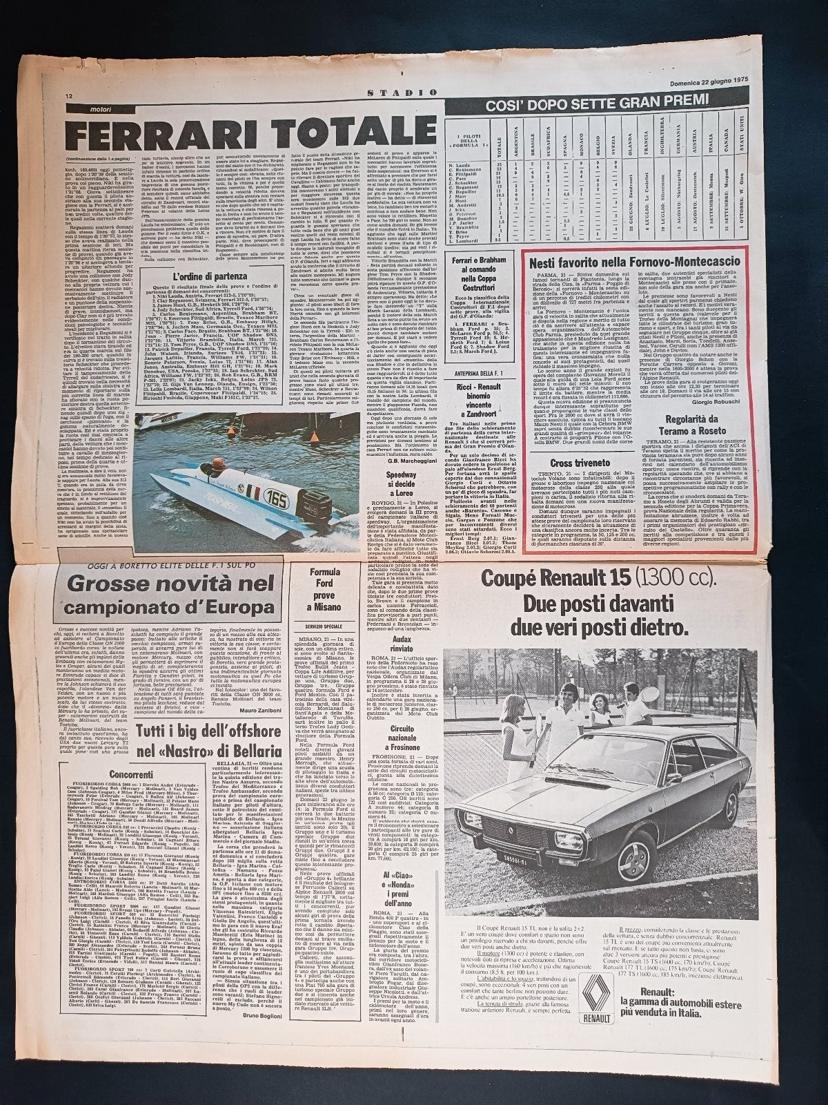 Quotidiano Sportivo STADIO SPORT numero 24 anno 1975 - Lauda