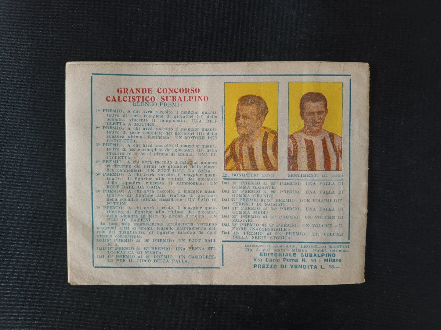 fumetto Saetta Subalpino figurina Boniperti Juventus 1947