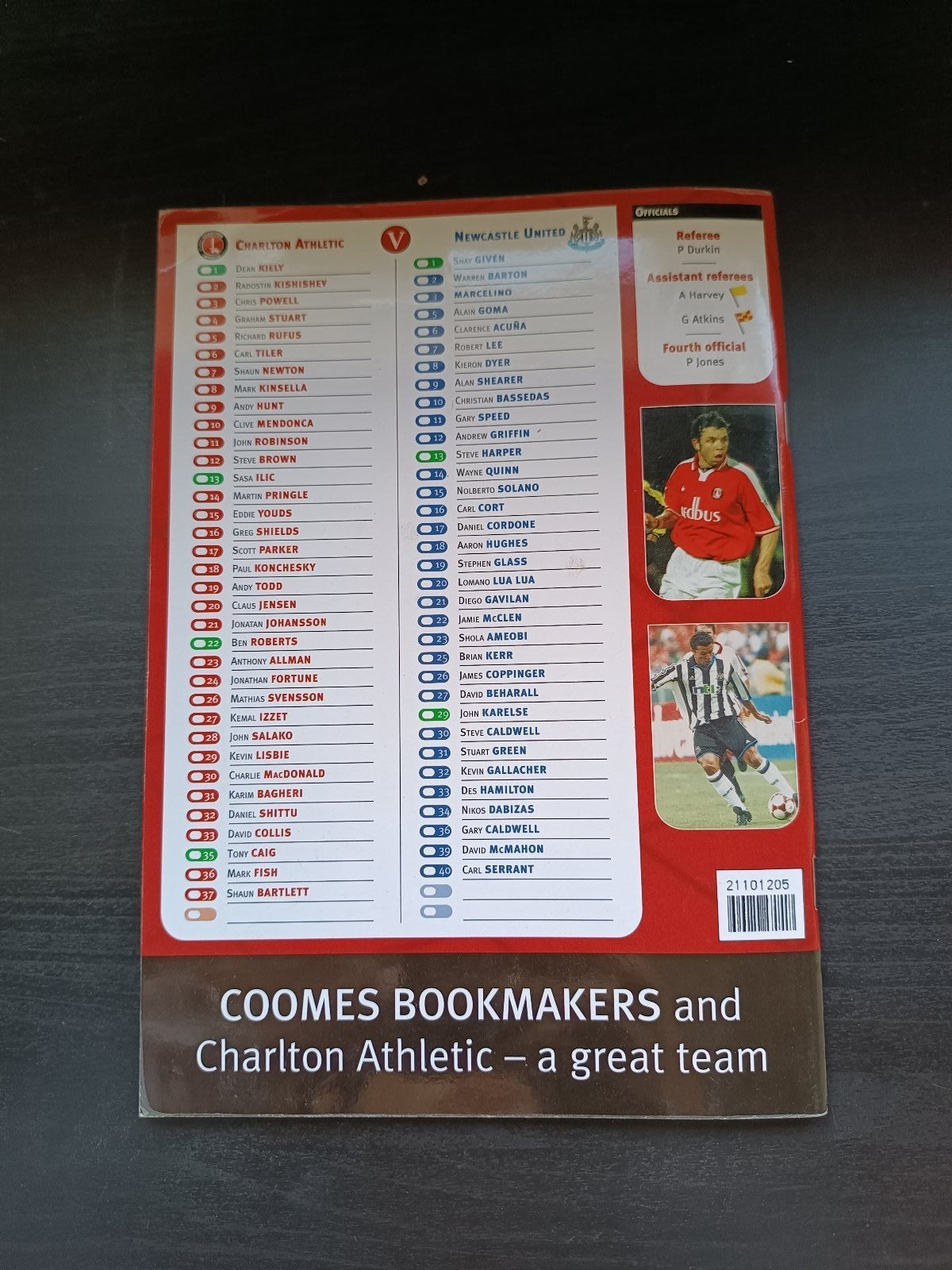 programma calcio Charlton Athetlic V Newcastle United 11th 2001