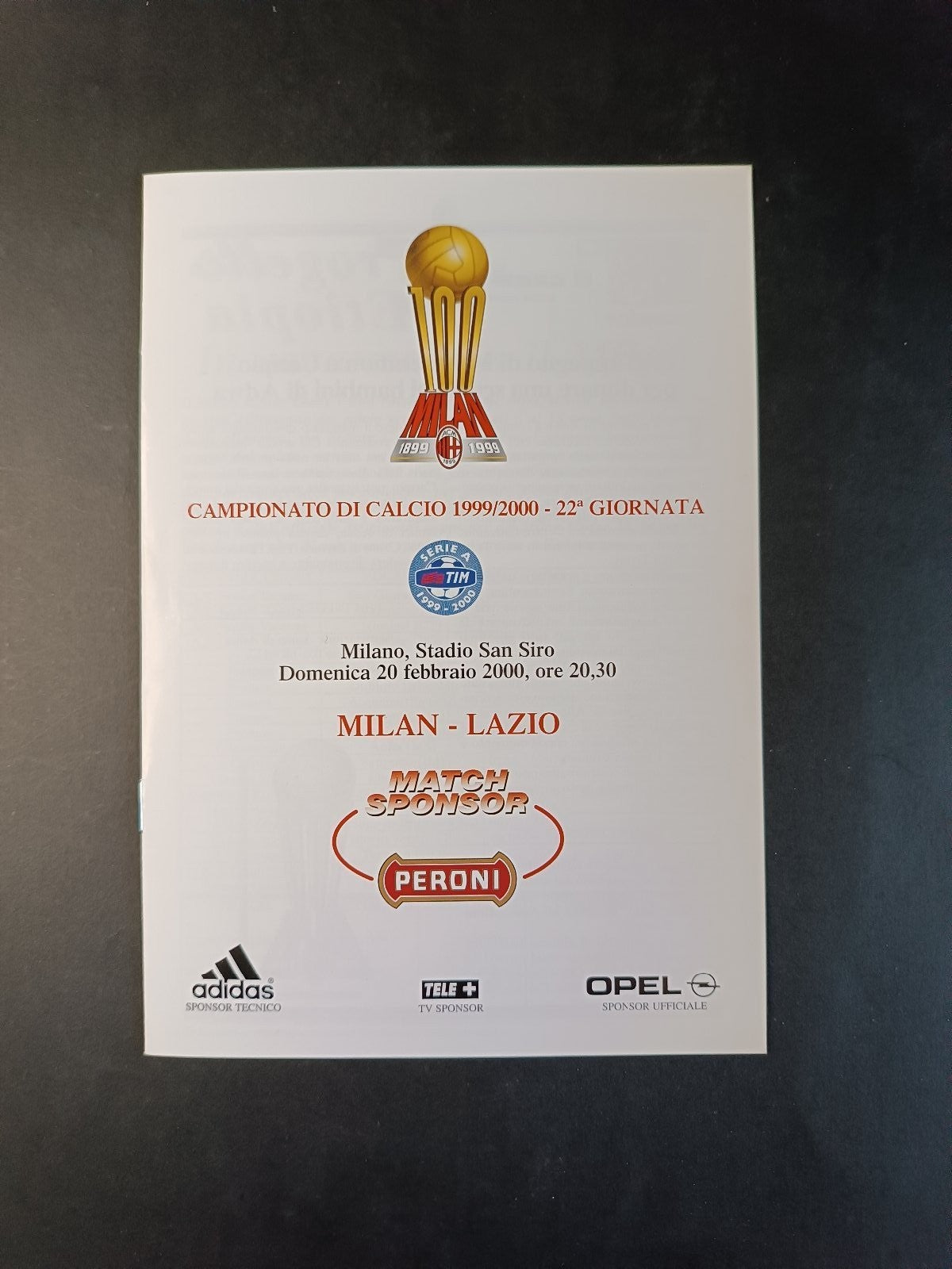 Programma originale 22� giornata stagione 1999/2000 Milan Ac / SS Lazio