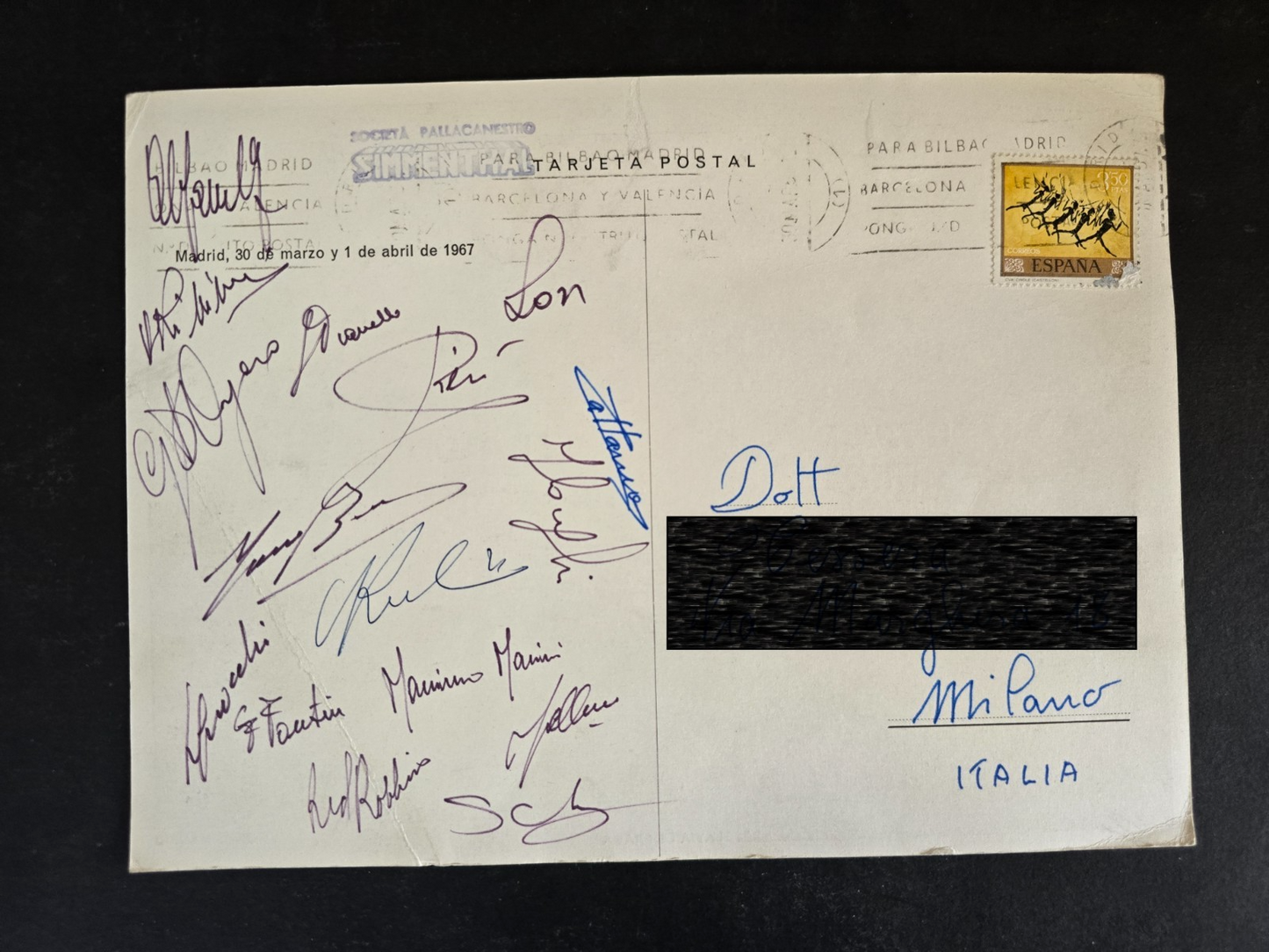 SIMMENTHAL Olimpia Milano Basket cartolina viaggiata autografata Coppa Campioni