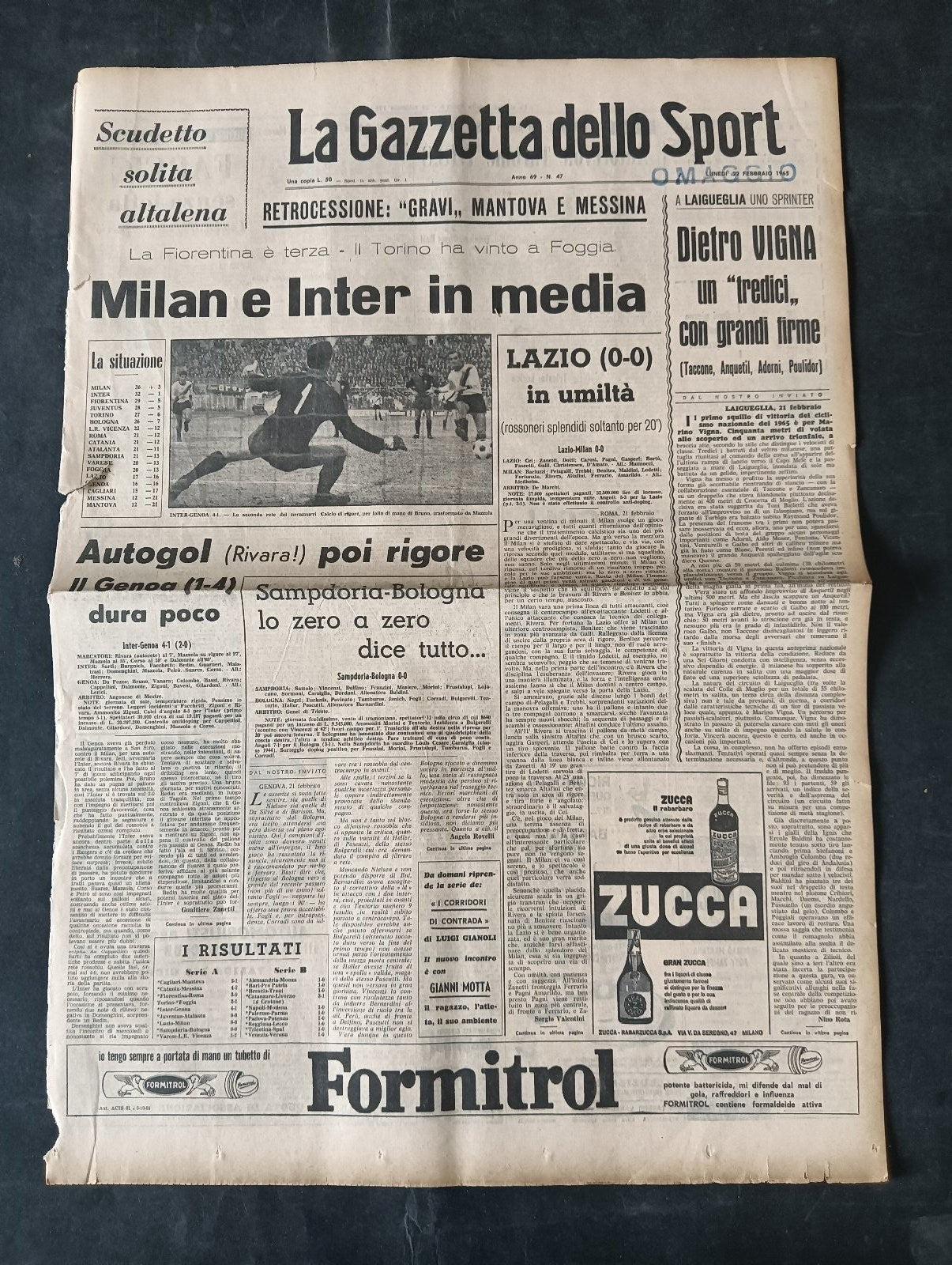 Quotidiano LA GAZZETTA DELLO SPORT n 47 22/02/1965 Vigna