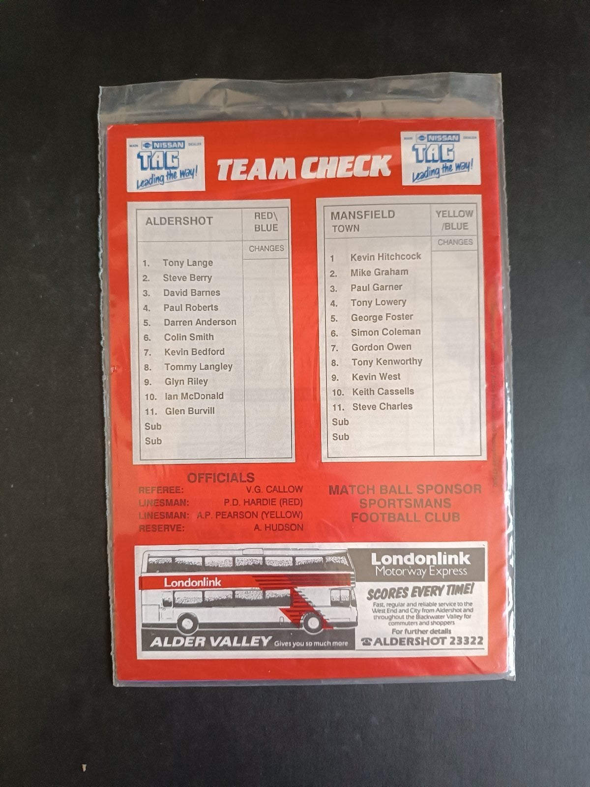 programma calcio Aldershot Fc vs Mansfield Town 1988