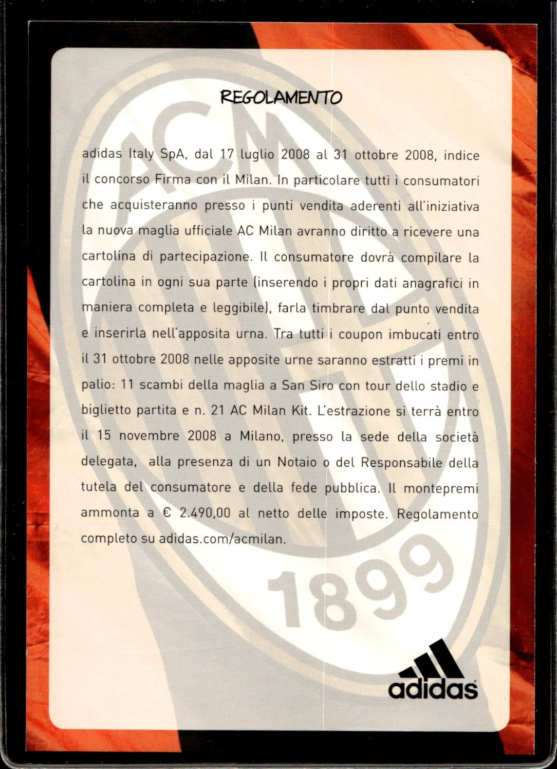 cartolina postcard Calcio Milan Promocard Adidas Scambio Maglia Kak� Nesta