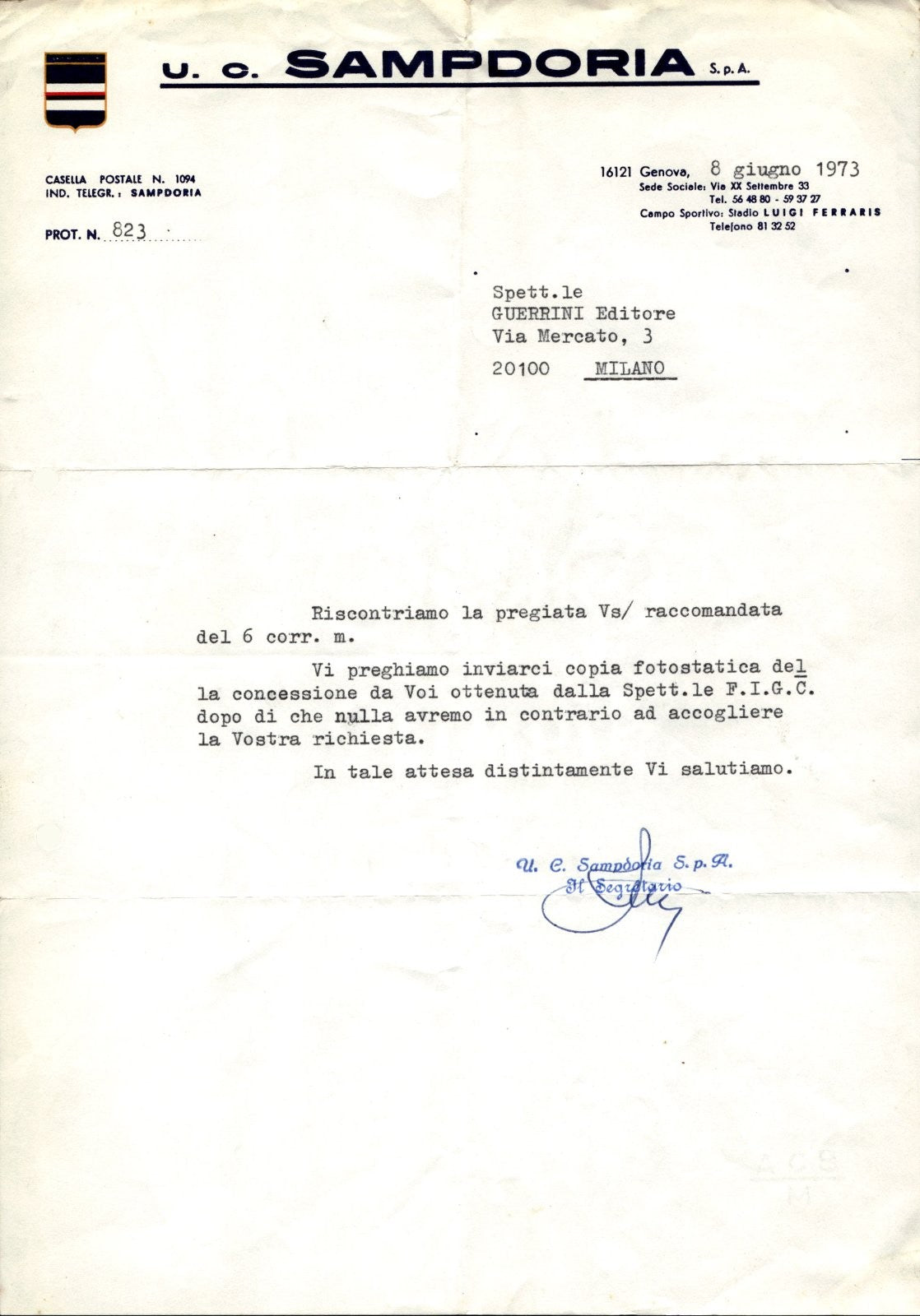 carta intestata societ� sportiva U.C. Sampdoria SPA 1973 05