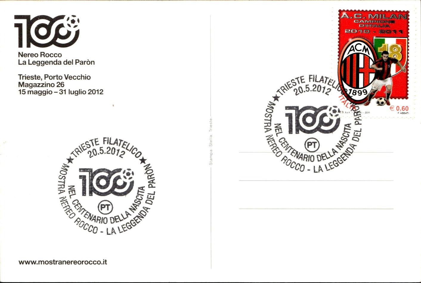 cartolina postcard calcio Milan 100 Nereo Rocco 2012 (9