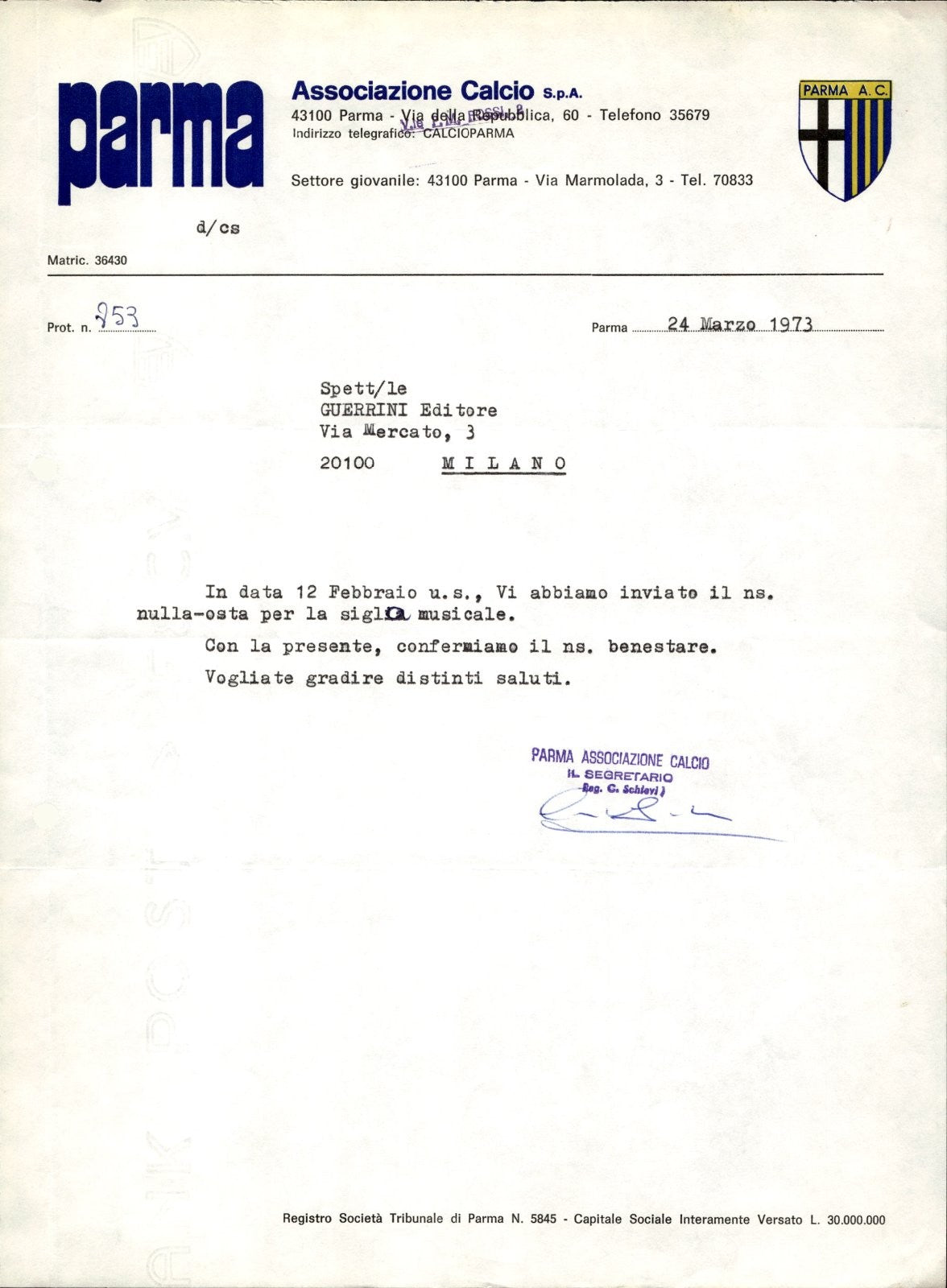 carta intestata societ� sportiva Parma AC 1973 05