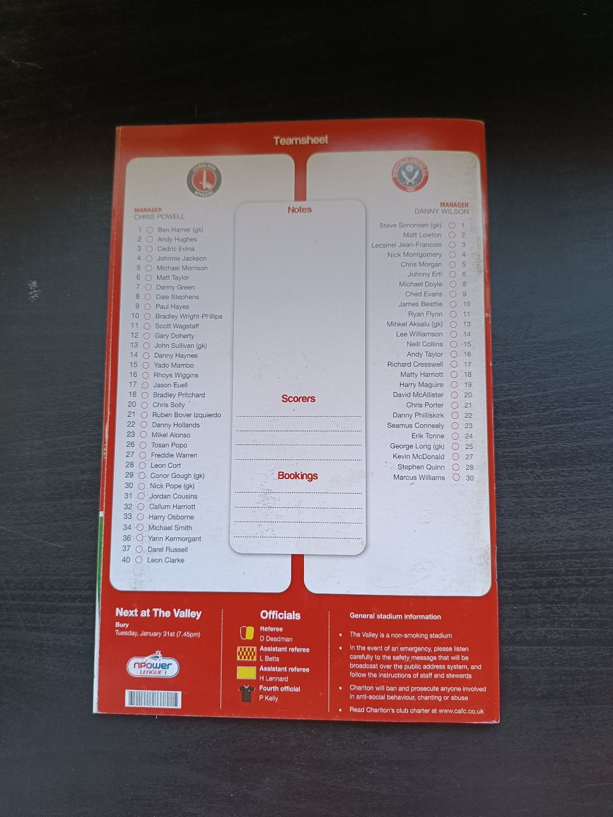 programma calcio Charlton Athetlic V Sheffield United 21st 2012