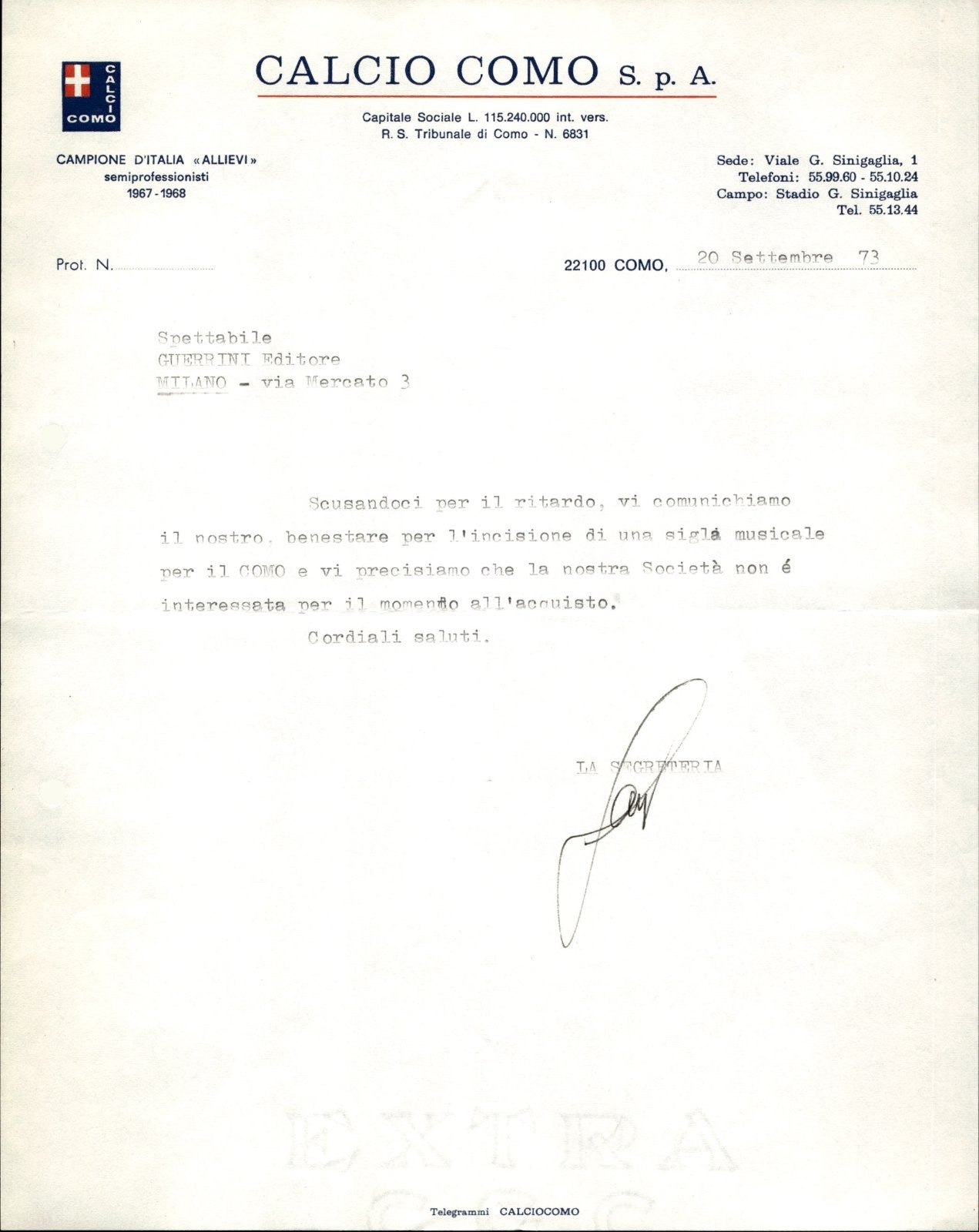 carta intestata societ� sportiva Calcio Como Spa 1973