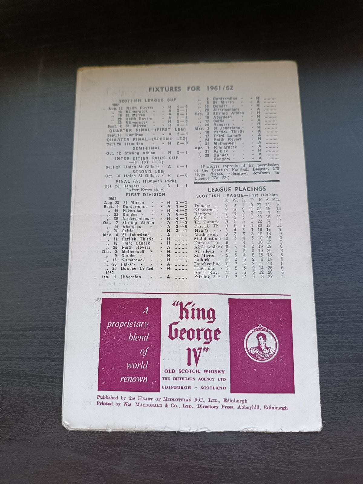 programma calcio Hearts V FC Internazionale (Milan) 6th 1961
