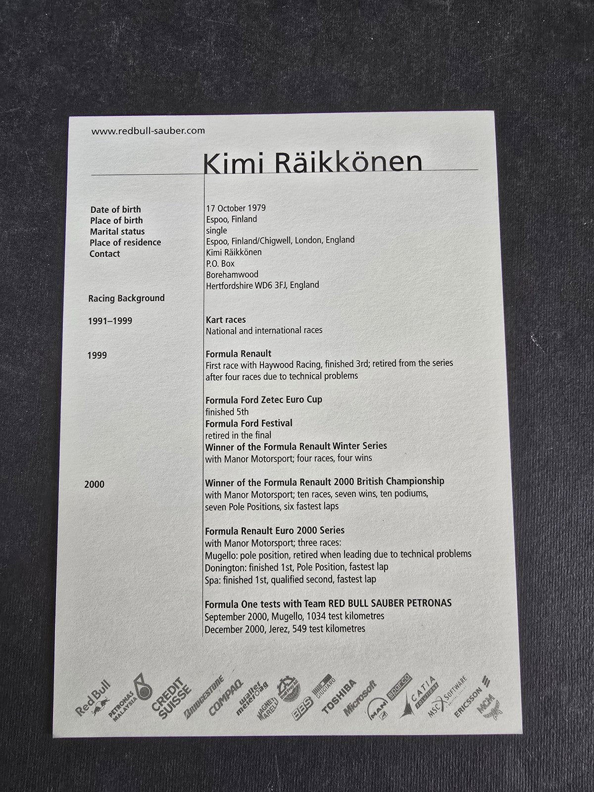Autografo autograph originale su cartolina Sauber Kimi Raikkanen automobilismo