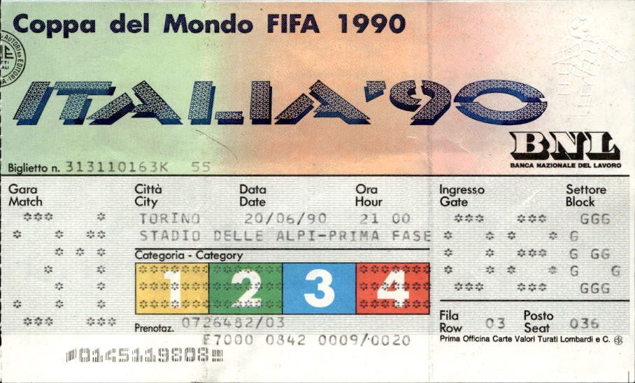 biglietto Ticket Coppa del Mondo Torino Italia '90 Brasile Scozia 20/06/90