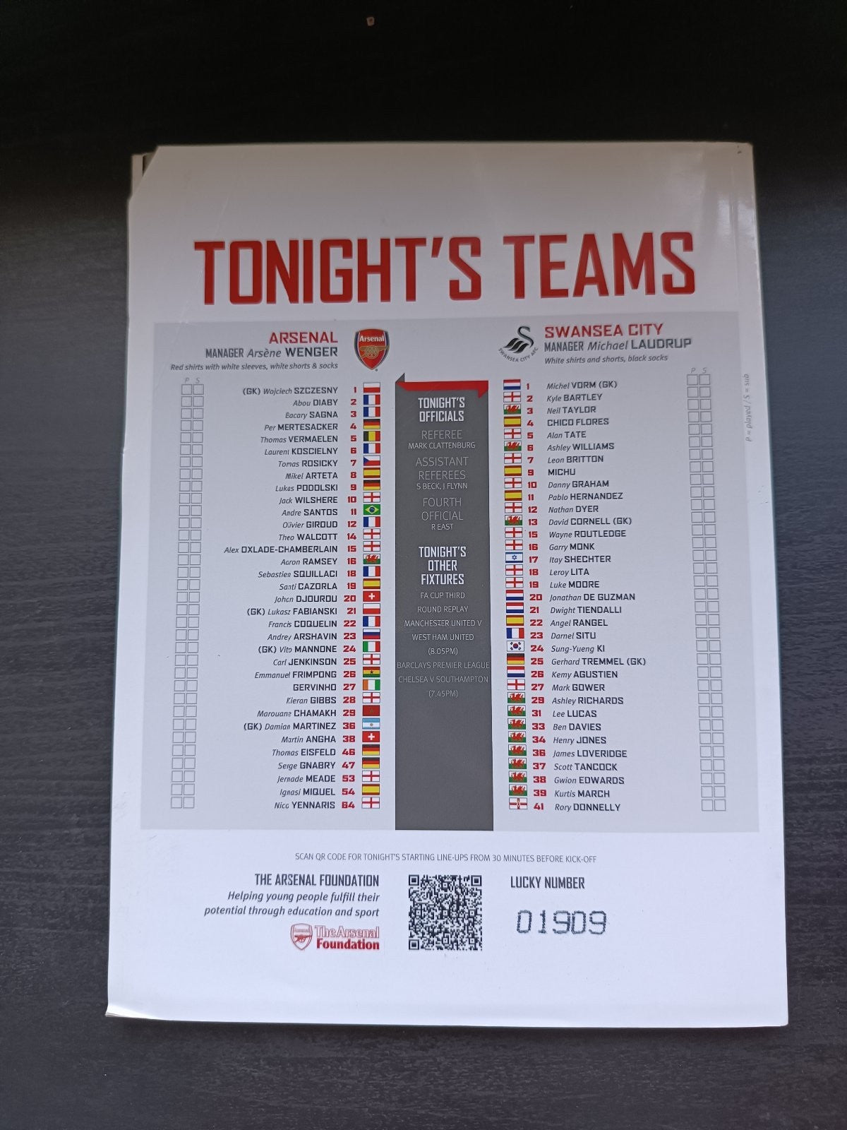 programma calcio Arsenal V Swansea City 16th 2013