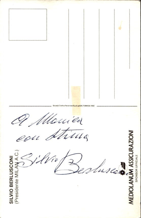 Cartolina calcio Silvio Berlusconi presidente Milan con autografo