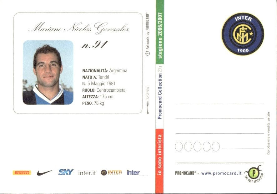 Cartolina calciatore Inter Mariano Nicol�s Gonz�lez con autografo stampato