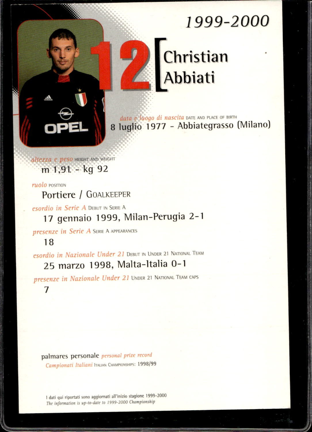 cartolina postcard Calcio Milan con Autografo 1999/2000 - Abbiati