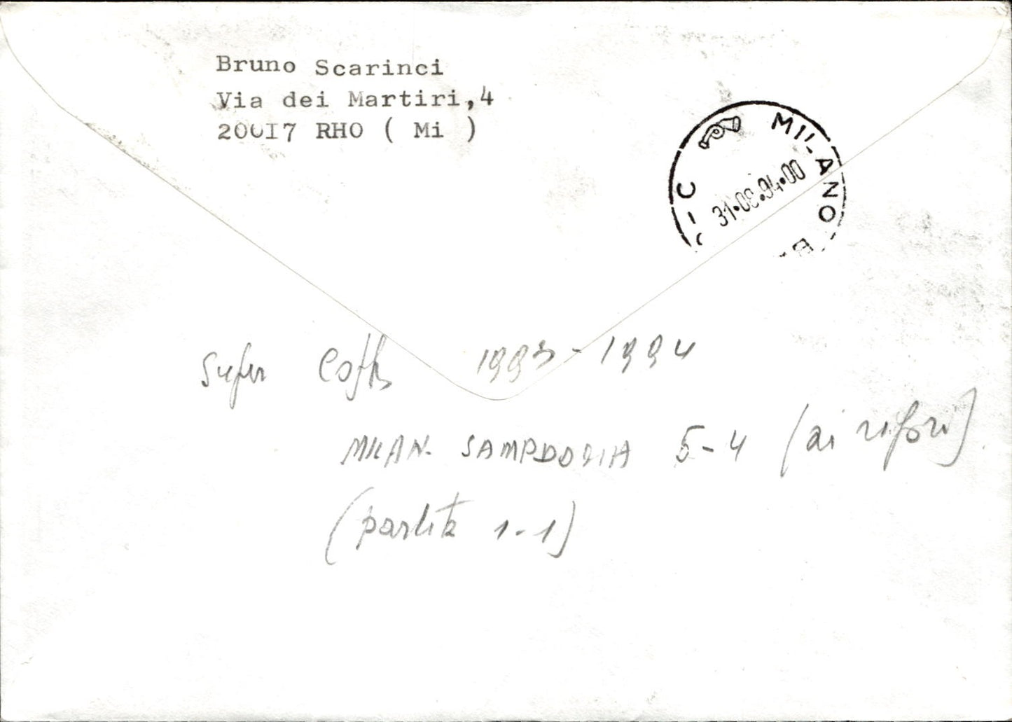busta per cartolina postcard Calcio Milan Sampdoria Supercoppa Annullo 28-8-1994
