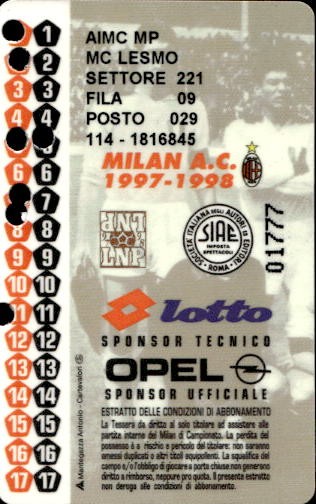 Biglietto stadio Milan A.C 1997-1998 n 01777