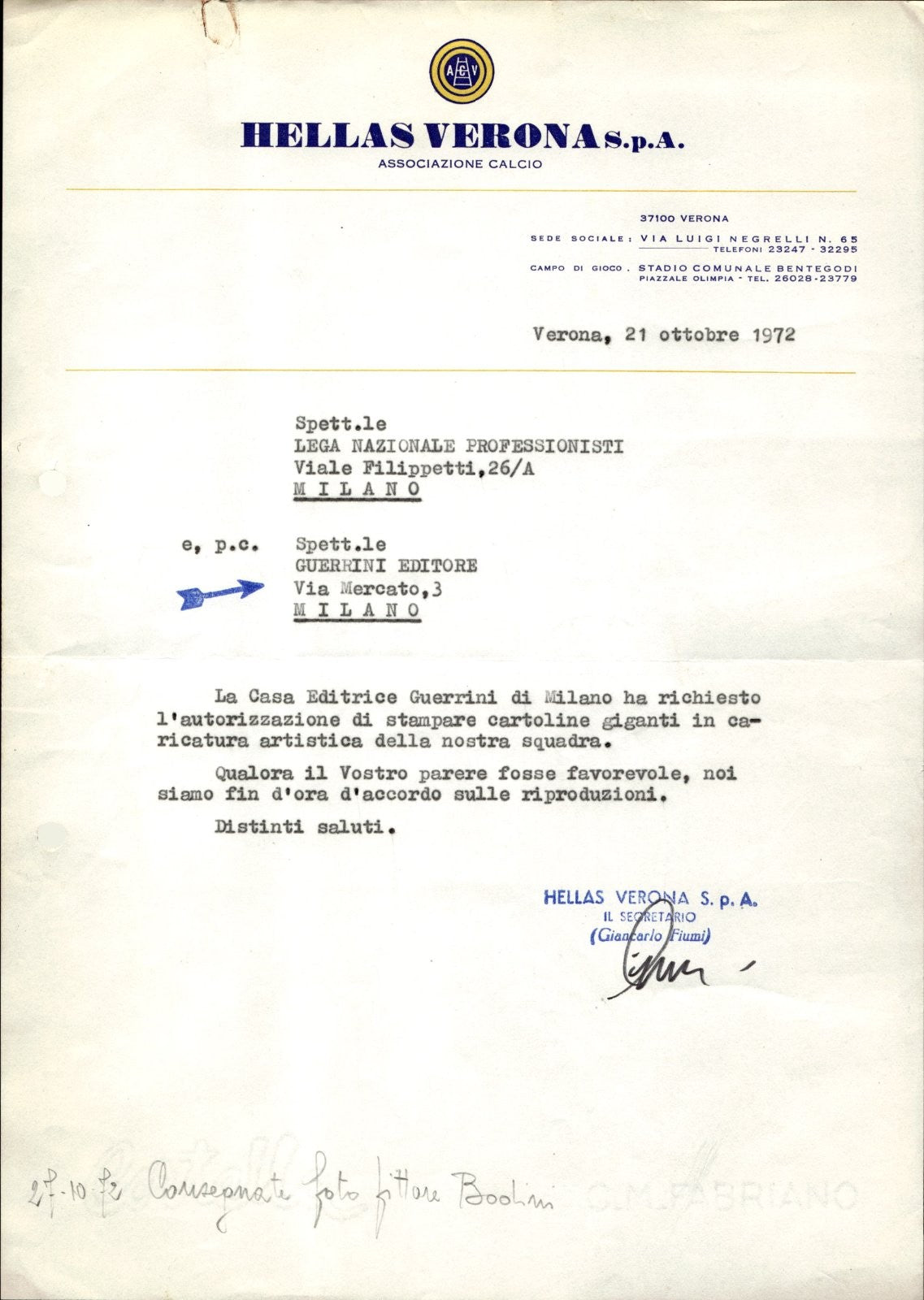 carta intestata societ� sportiva Hellas Verona 1973 03