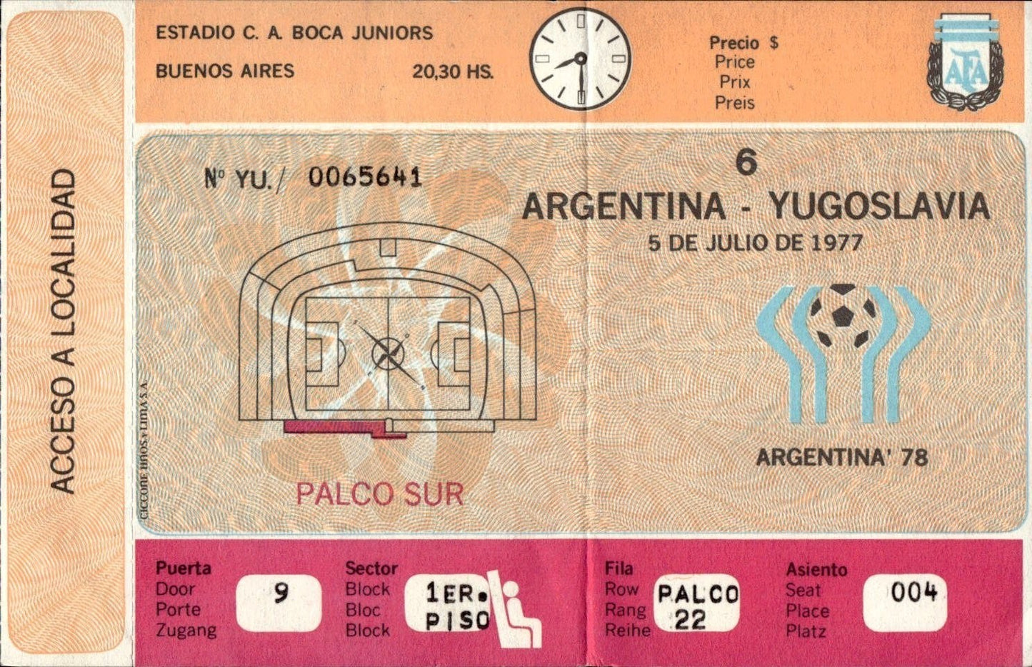 biglietto stadio ARGENTINA-YUGOSLAVIA 5 LUGLIO 1977