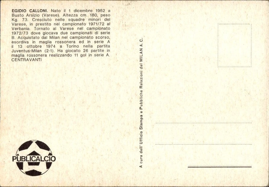 Cartolina Egidio Calloni Milan con autografo stampato