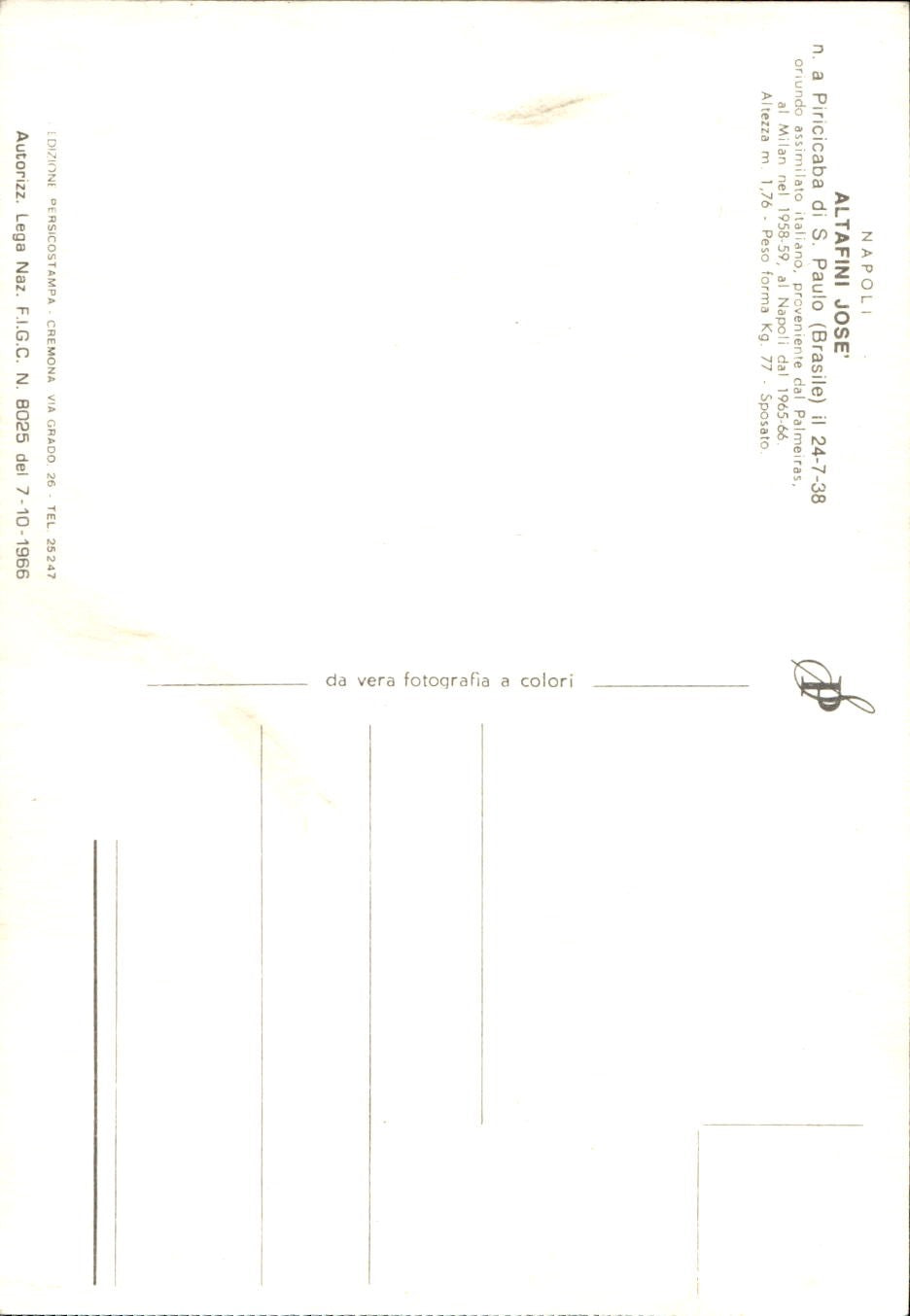 cartolina Altafini Napoli autografata in originale