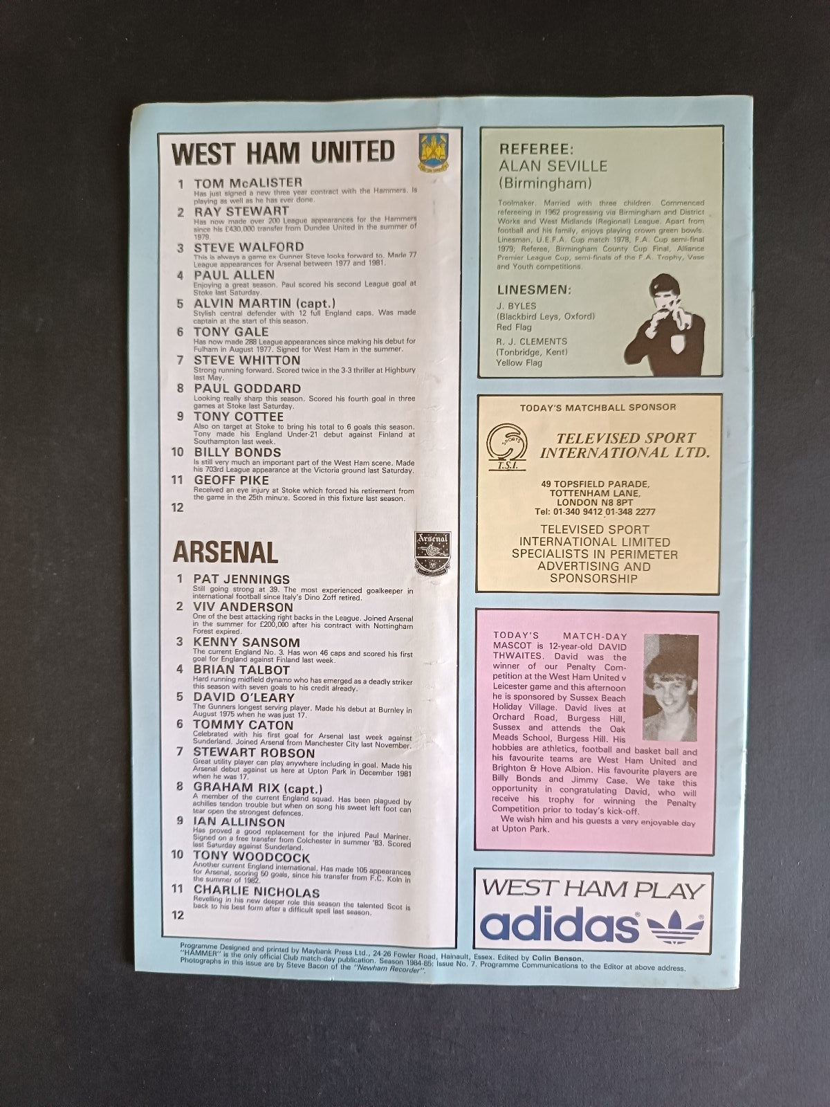 programma calcio West Ham Untited vs Arsenal 1984