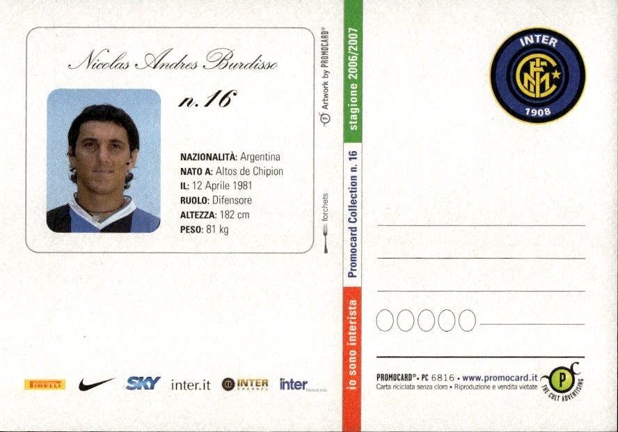 Cartolina calciatore Inter Nicol�s Andr�s Burdisso con autografo stampato