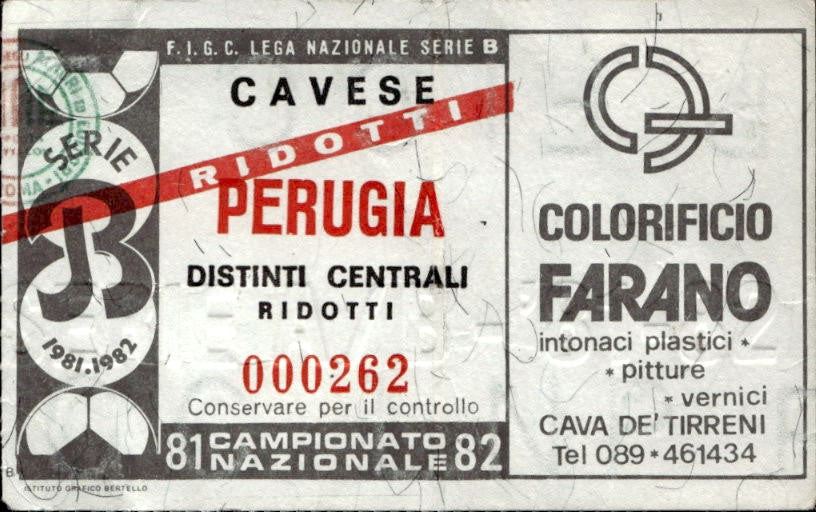 biglietto Ticket Stadio Cavese Perugia campionato nazionale 81-82