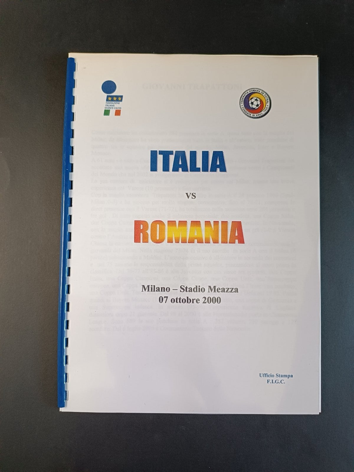 Programma originale Italia Romania stadio Meazza 07/10/2000