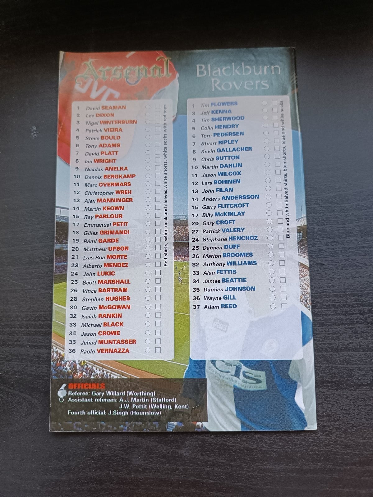 programma calcio Arsenal V Blackburn Rovers 13rd 1997