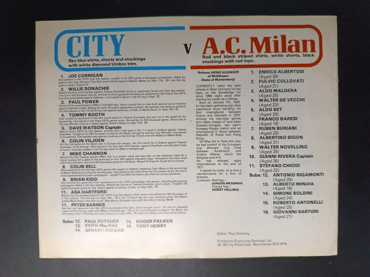 programma ufficiale UEFA CUP MANCHESTER CITY MILAN 6 dicembre 1978 (inglese)
