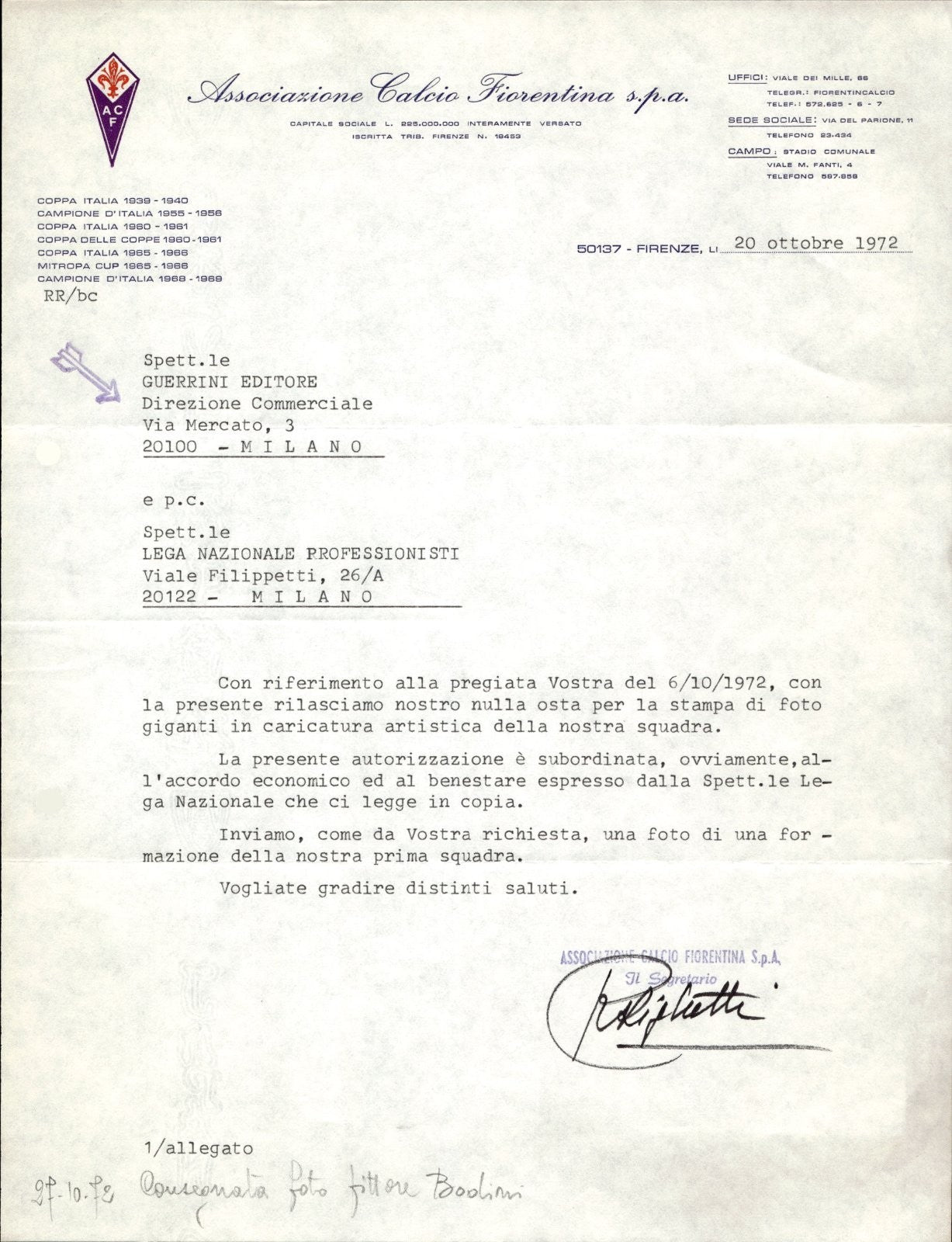 carta intestata societ� sportiva Calcio Fiorentina Spa 1972 01